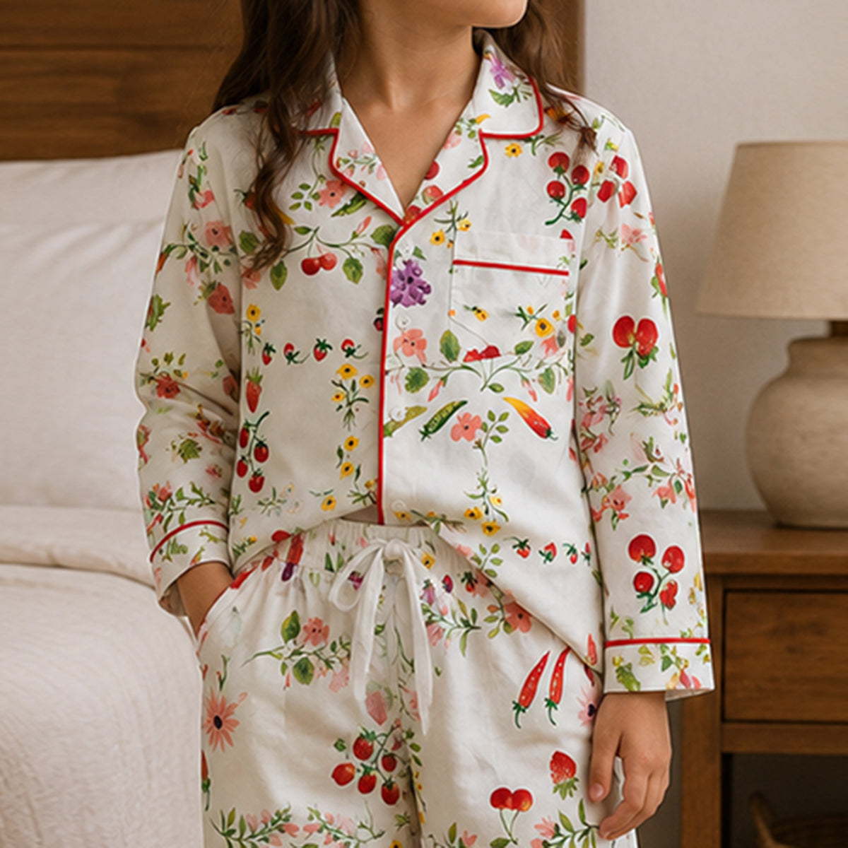 Girls Off-White Fruit Print Button-Down Long-Sleeve Shirt & Pants Nightwear Set