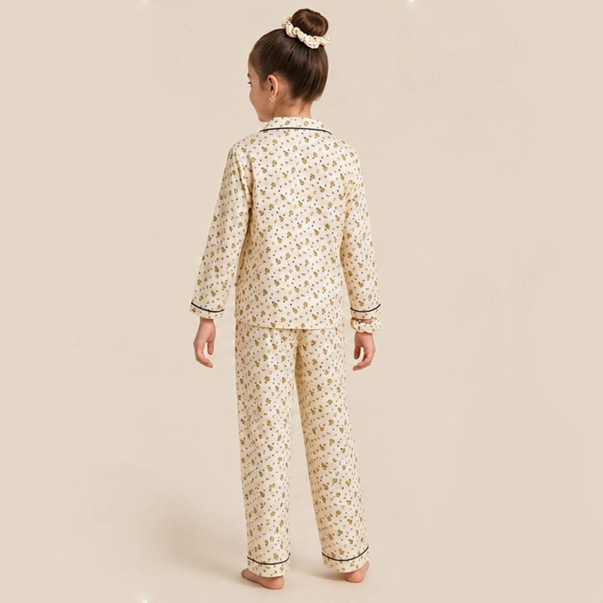 Girls Yellow 3Pcs Pajama Set: Long Sleeve Shirt, Pajamas and Matching Stretched Hair Band