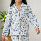 Girls White Printed Button-Down Long-Sleeve Shirt & Pants Nightwear Set