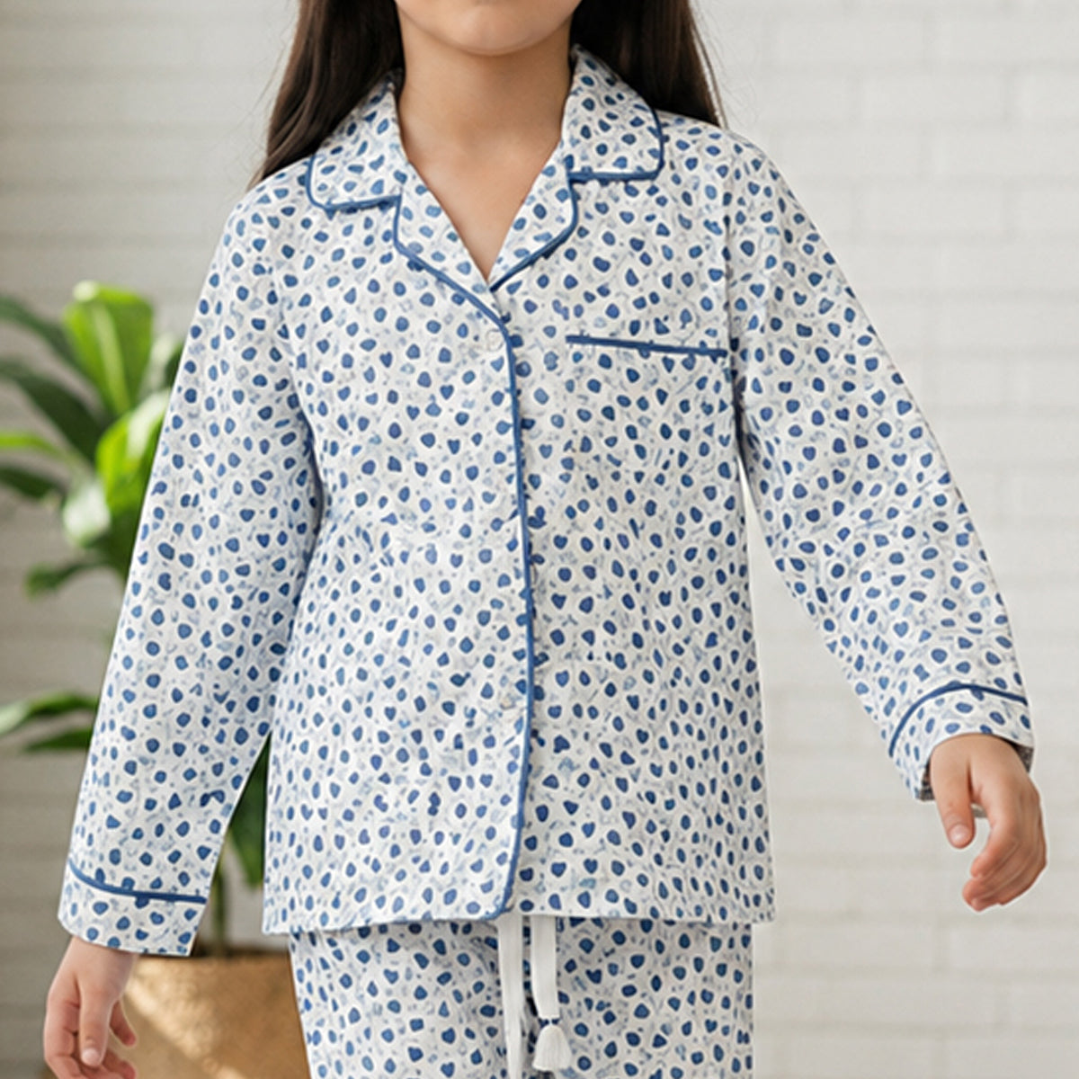 Girls White Printed Button-Down Long-Sleeve Shirt & Pants Nightwear Set