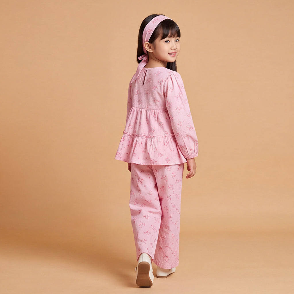 Girls Pink Printed Floral Long Sleeve Top With Elasticated Pants & Headband Sets