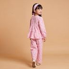 Girls Pink Printed Floral Long Sleeve Top With Elasticated Pants & Headband Sets