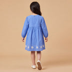Girls Blue Embroidered Long Sleeve A-Line Dress