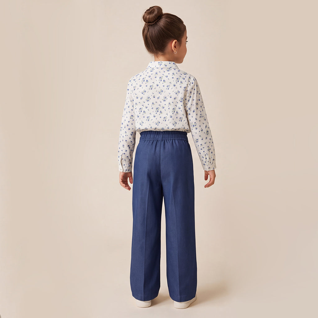 Girls Blue Floral Printed Long Sleeve Shirt and Elasticated Pants Set