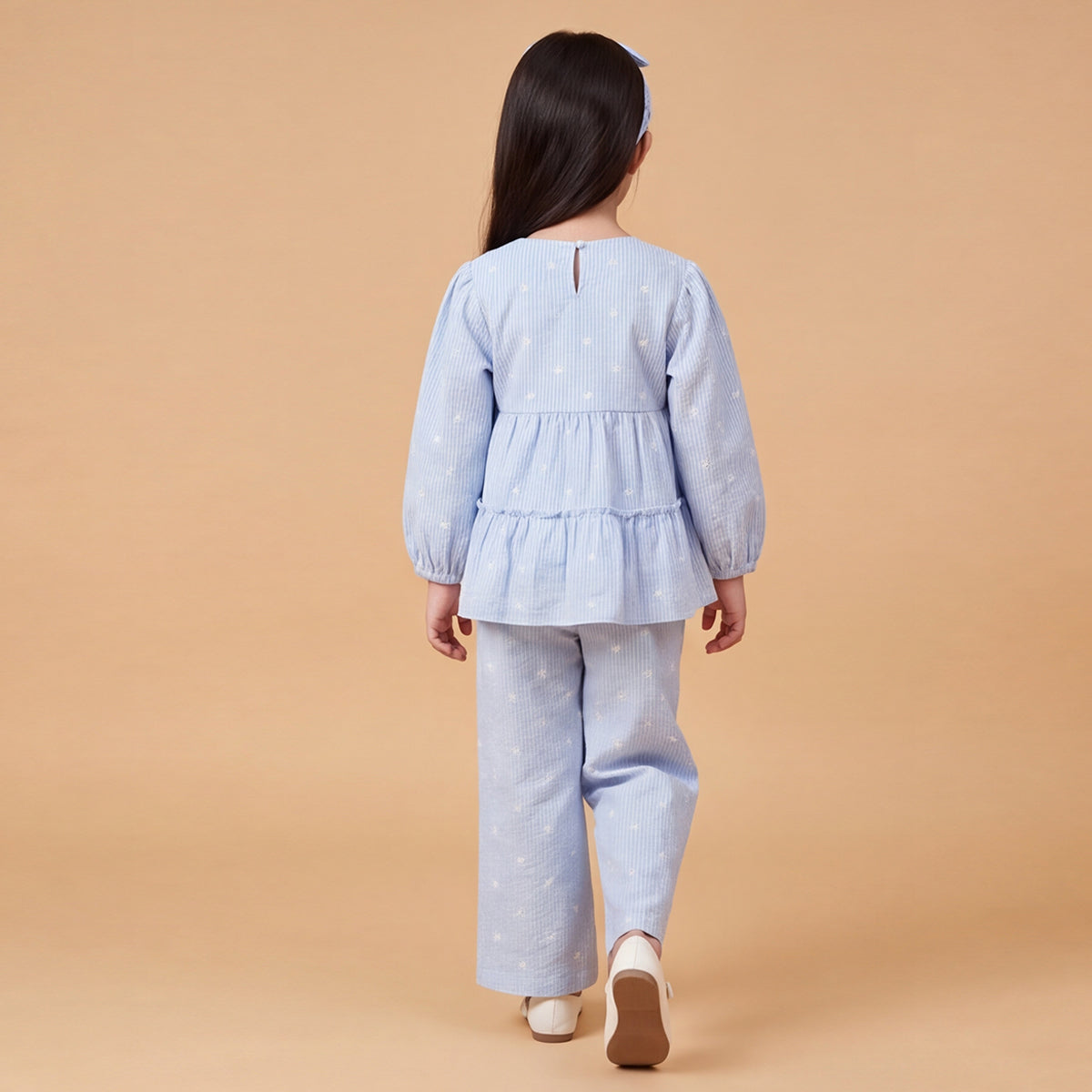 Girls Blue Printed Long Sleeve Top With Elasticated Pants & Headband Sets