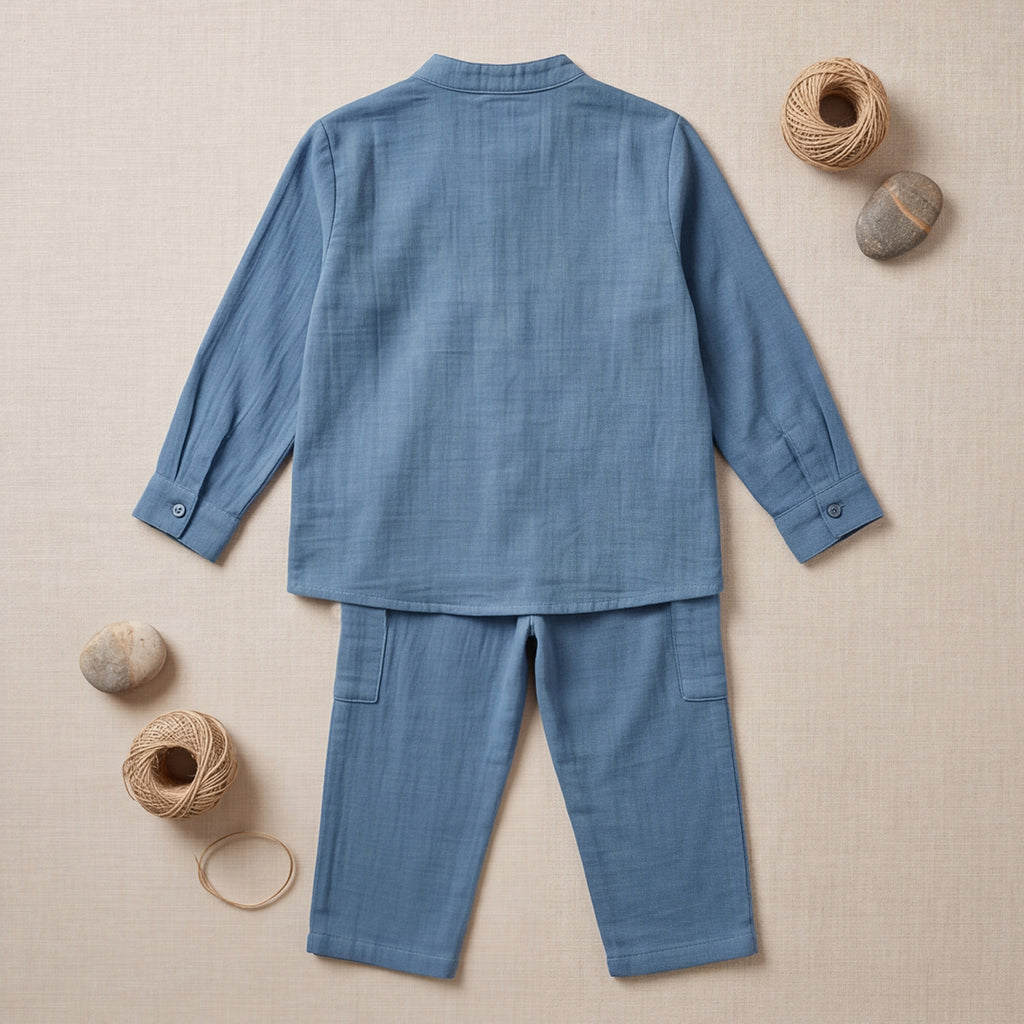 Boys Blue Mandarin collar Shirt With Elasticated Pants Set