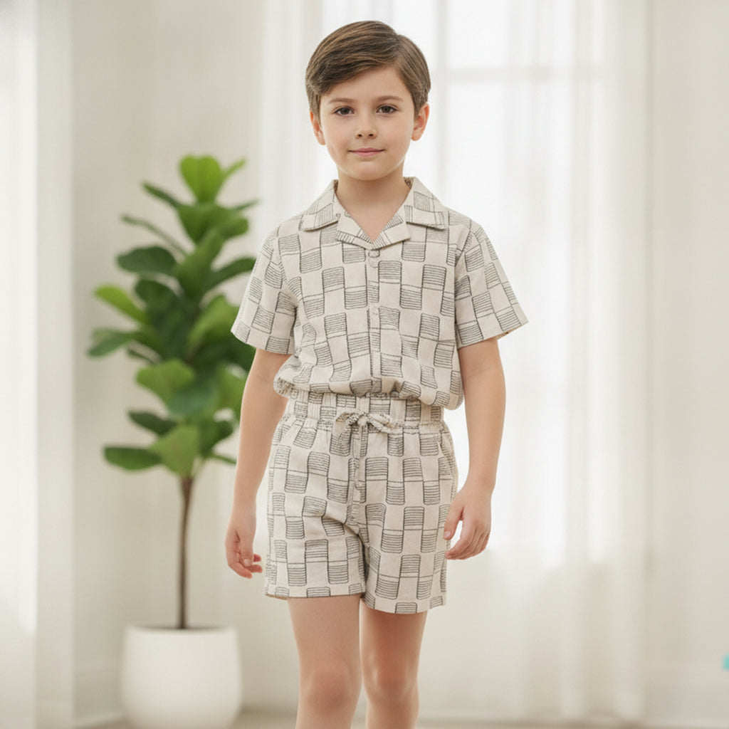 Boys Apricot Short Sleeve Printed Shirt With Drawcord Waist Shorts Sets