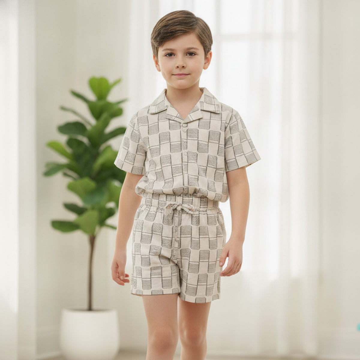 Boys Apricot Short Sleeve Printed Shirt With Drawcord Waist Shorts Sets