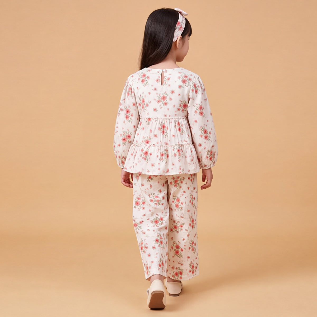 Girls White Printed Floral Long Sleeve Top With Elasticated Pants & Headband Sets