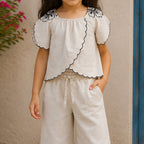 Girls Beige Elegant Flower Embroidery Button-Down Linen Co-Ord Set