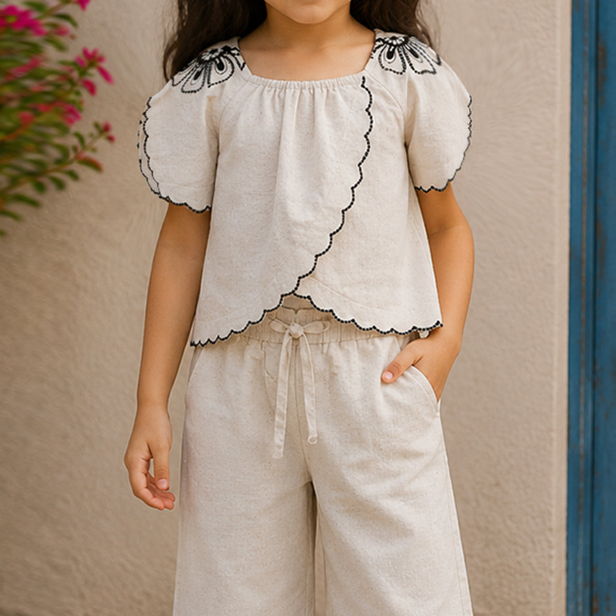 Girls Beige Elegant Flower Embroidery Button-Down Linen Co-Ord Set