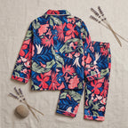 Girls Multicolor Floral Printed Long Sleeve Shirt With Elasticated Pants Nightwear Sets