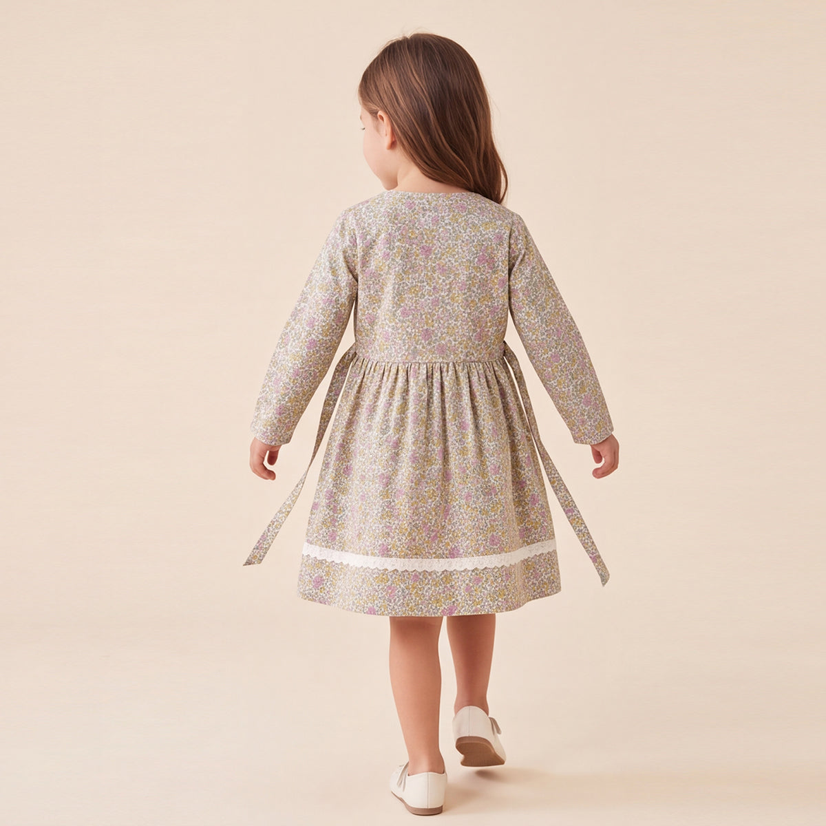 Girls Green Floral printed Long Sleeve Dress
