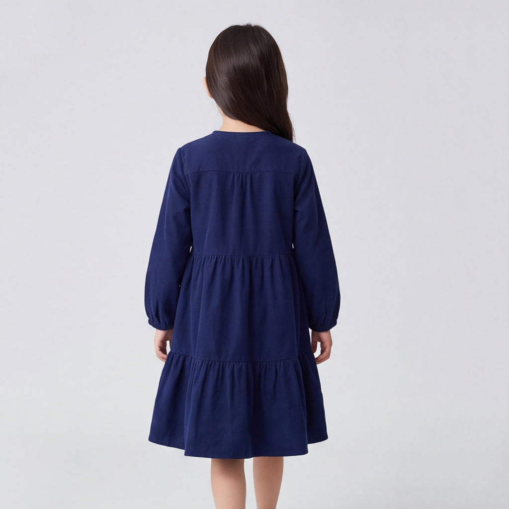 Girls Navy Long Sleeve Corduroy Fit & Flare Dress
