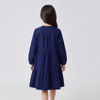 Girls Navy Long Sleeve Corduroy Fit & Flare Dress