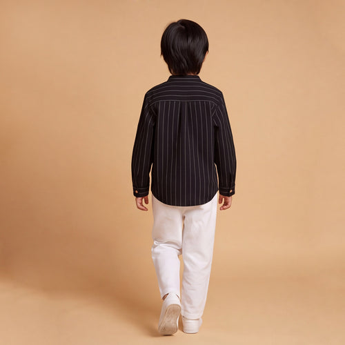 Boys Black Long Sleeve Stripes Shirt With Elasticated Trousers Set