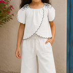 Girls White Elegant Flower Embroidery Button-Down Linen Co-Ord Set