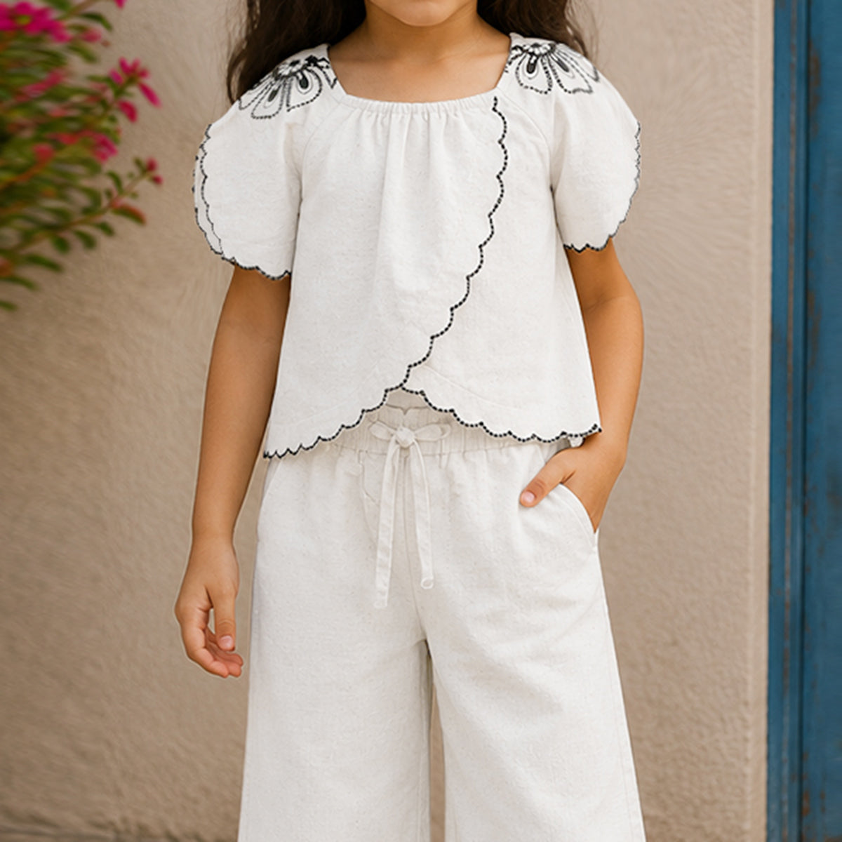Girls White Elegant Flower Embroidery Button-Down Linen Co-Ord Set