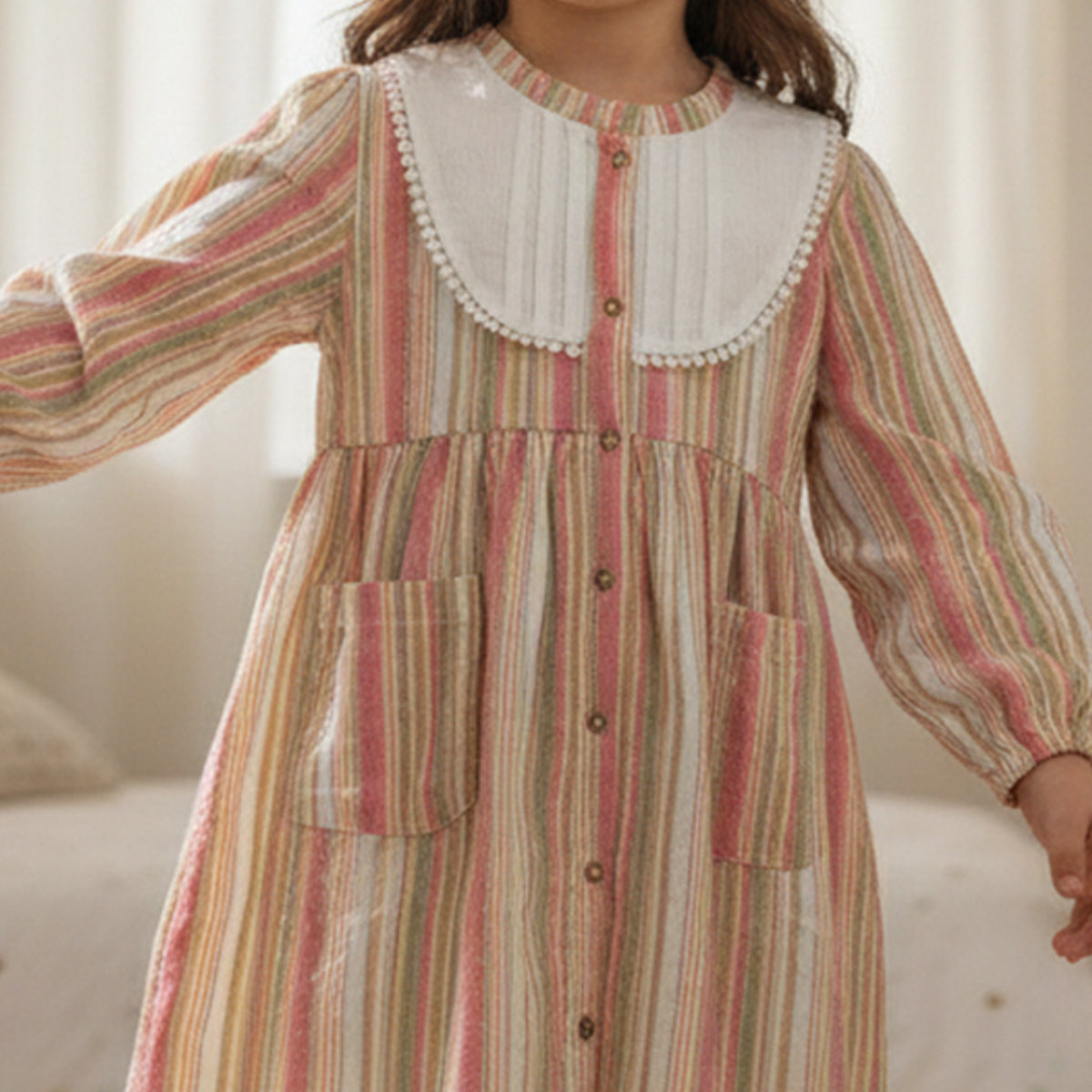 Girls Pink Long Sleeve Front Button Dress With Lining