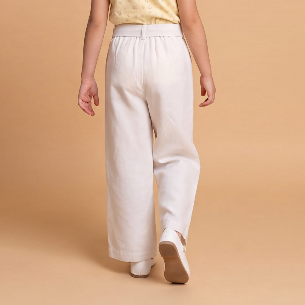 Girls White Elasticated Trouser With Fabric Belt