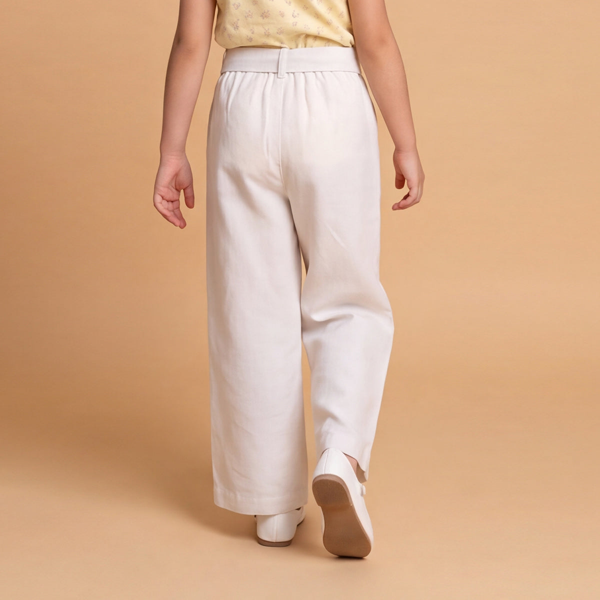 Girls White Elasticated Trouser With Fabric Belt