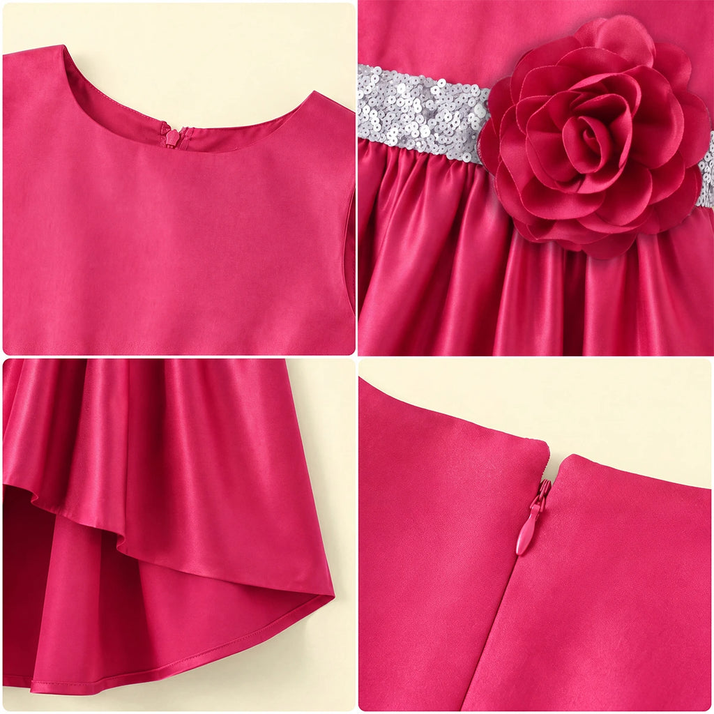 Girls Pink Floral Applique High Low Sleeveless Party Wear Dress