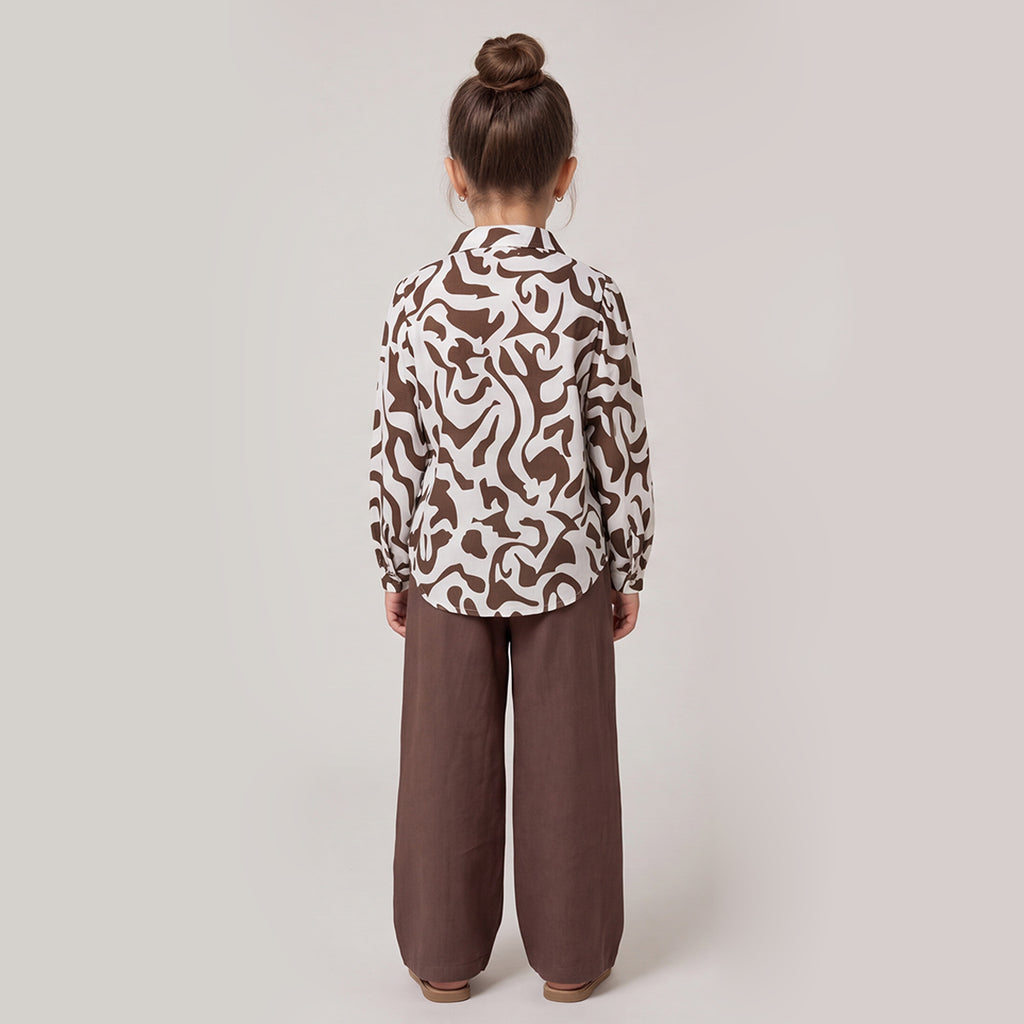 Girls Brown Printed Long Sleeve Shirt and Elasticated Pants Set
