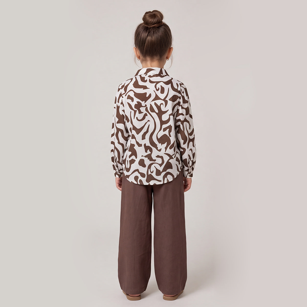 Girls Brown Printed Long Sleeve Shirt and Elasticated Pants Set