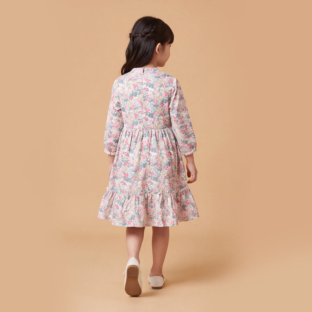 Girls Pink Floral Printed Long Sleeve Dress