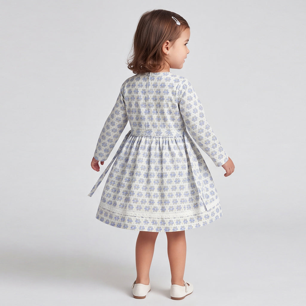 Girls Blue Printed Long Sleeve Dress
