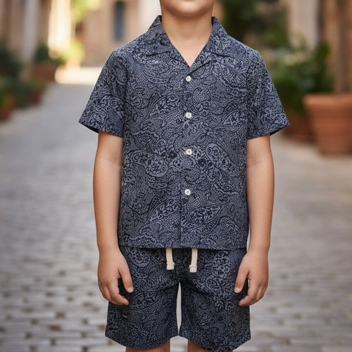 Boys Navy Paisly Printed Short Sleeve Shirt With Elasticated Shorts Co-ord Set