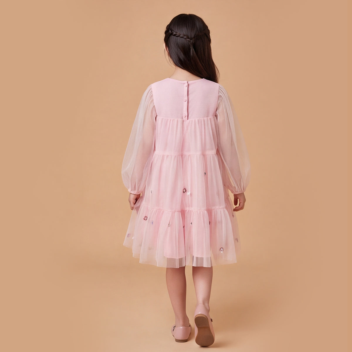 Girls Pink Long Sleeve Embroidered Layered Dress