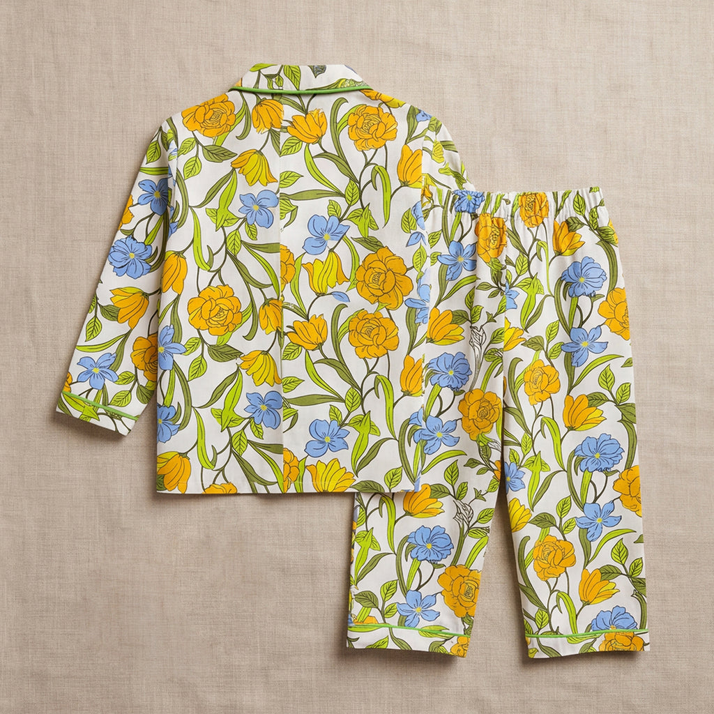 Girls Yellow Floral Printed Long Sleeve Shirt With Elasticated Pants Nightwear Sets