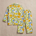 Girls Yellow Floral Printed Long Sleeve Shirt With Elasticated Pants Nightwear Sets