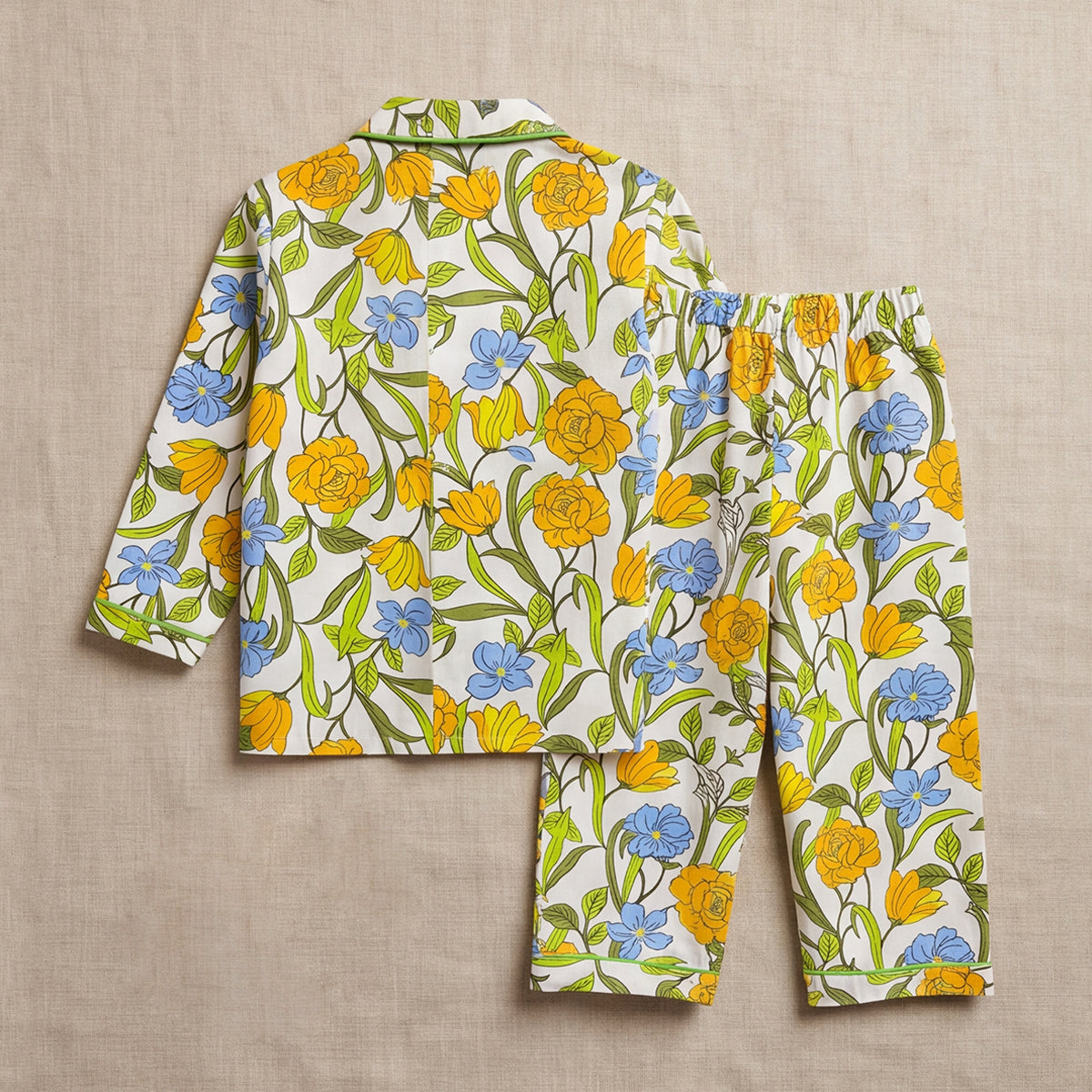 Girls Yellow Floral Printed Long Sleeve Shirt With Elasticated Pants Nightwear Sets