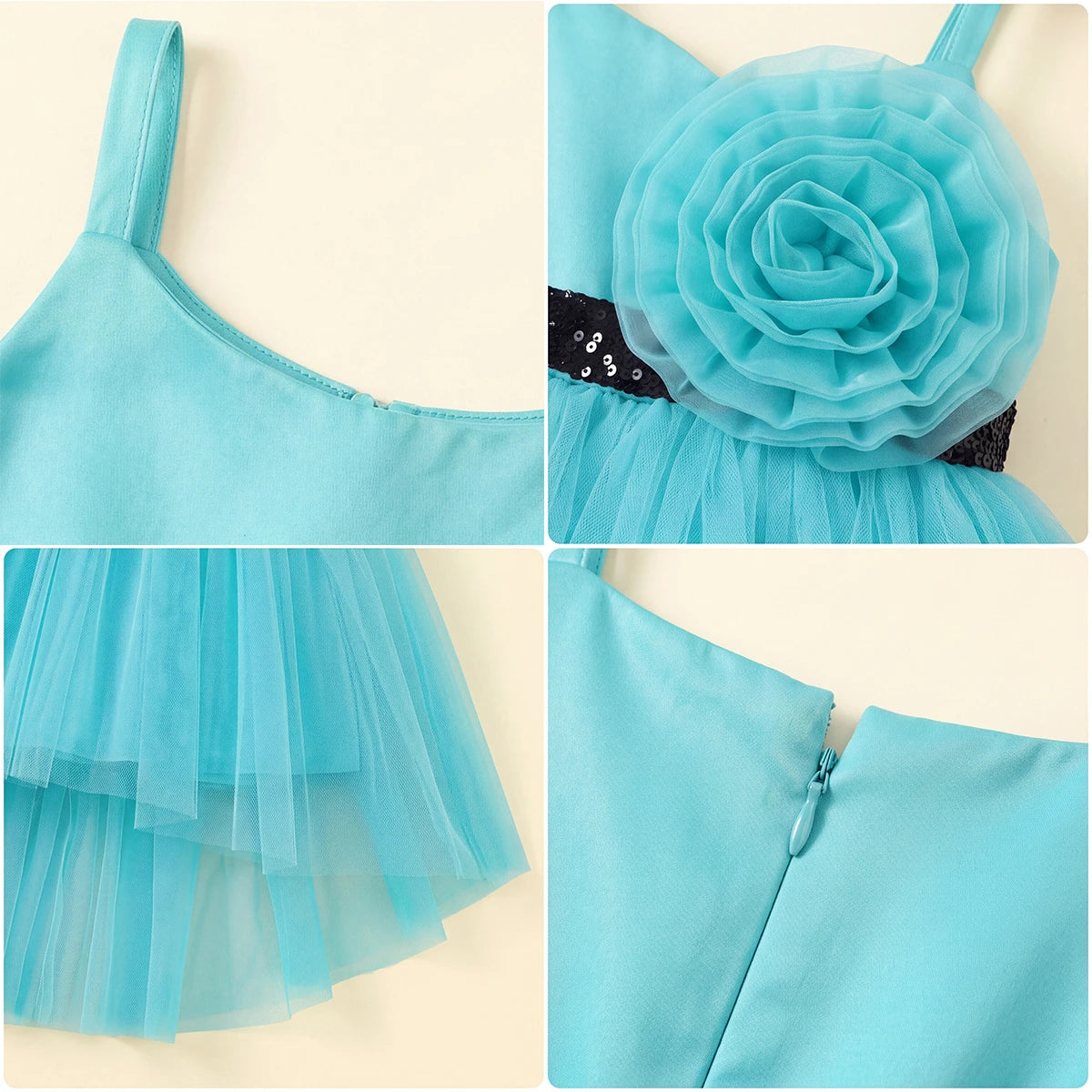 Girls Turquoise Floral Applique High Low Sleeveless Party Wear Dress