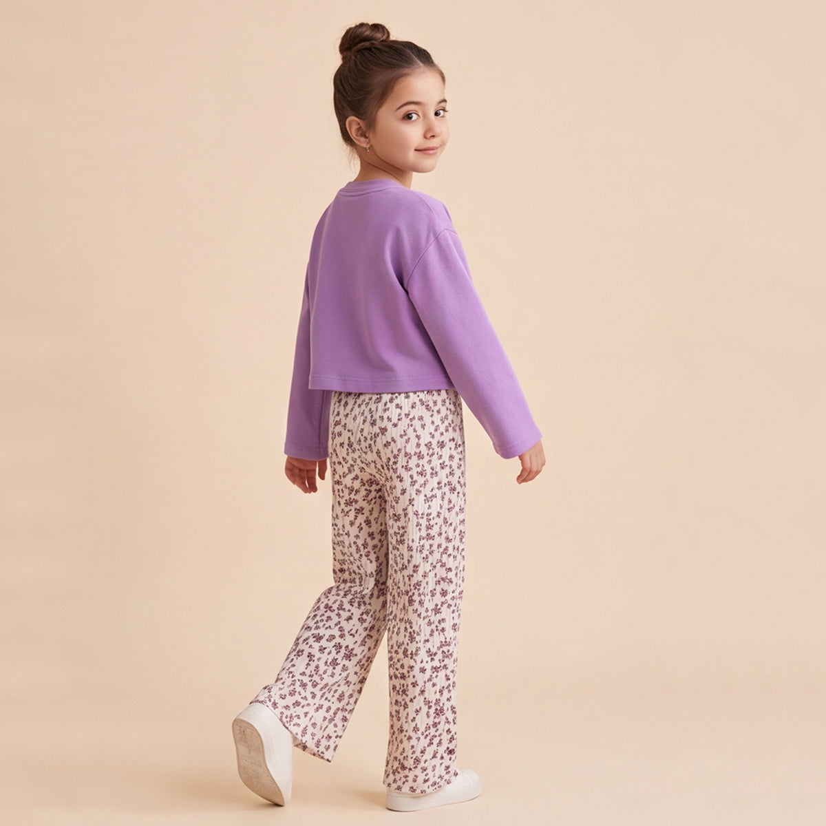 Girls Lilac Long Sleeve Top With Ditsy Print Trousers Set