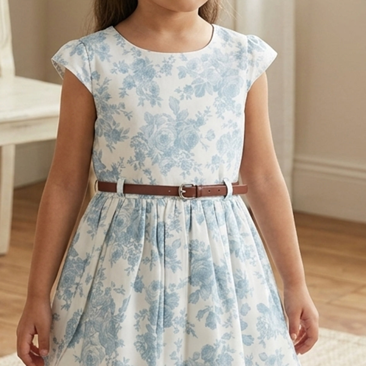 Girls White Caps Sleeve Floral Printed Fit & Flare Dress With PU Belt