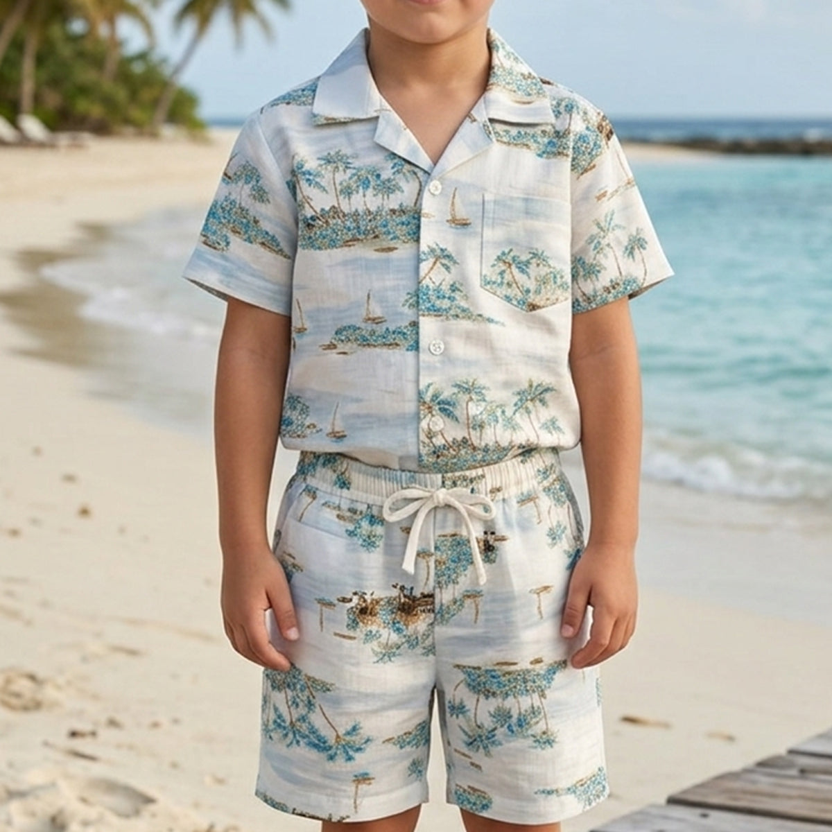 Boys White Printed Short Sleeve Shirt With Short Co-ord Set