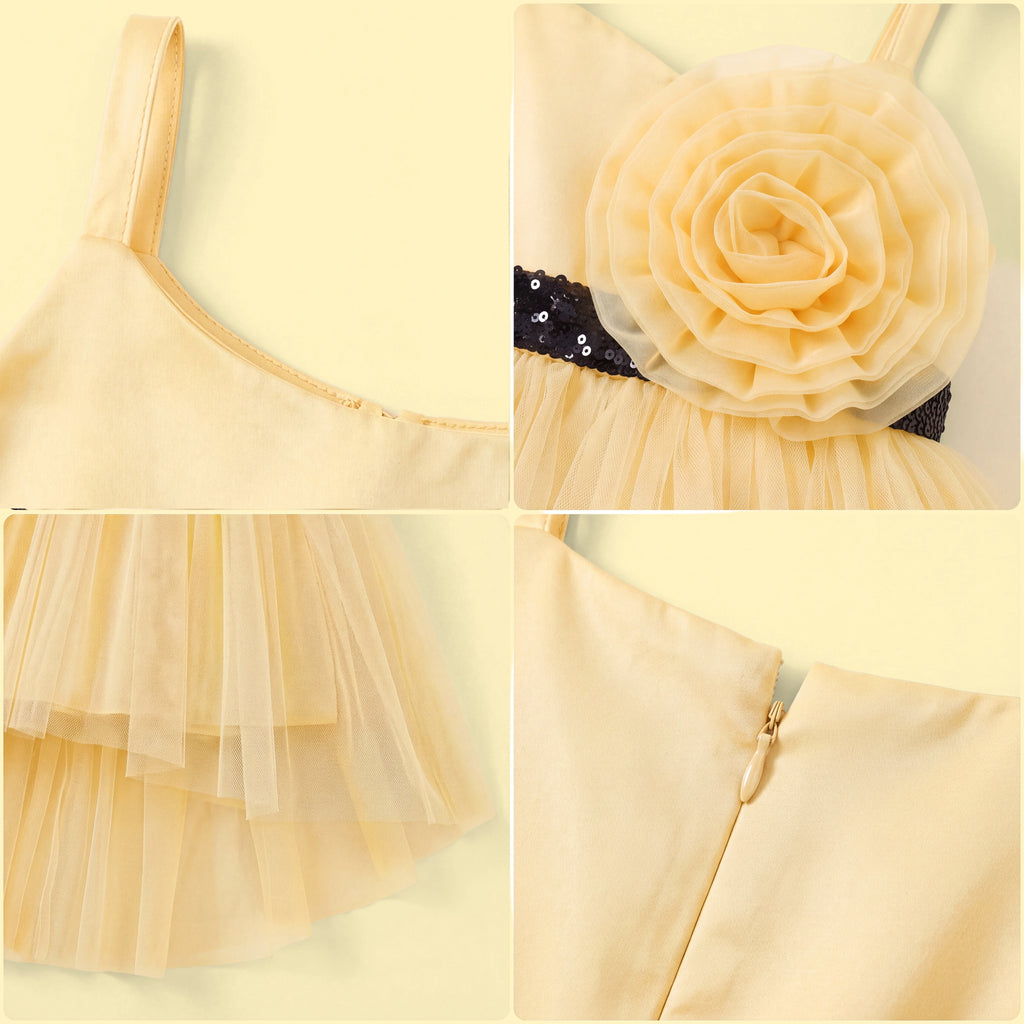 Girls Yellow Flower Applique High Low Sleeveless Party Wear Dress
