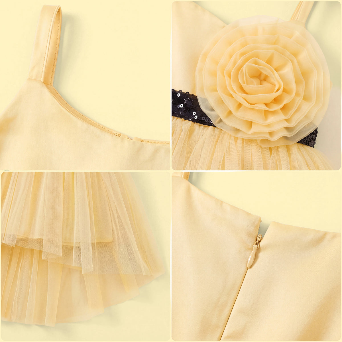 Girls Yellow Flower Applique High Low Sleeveless Party Wear Dress