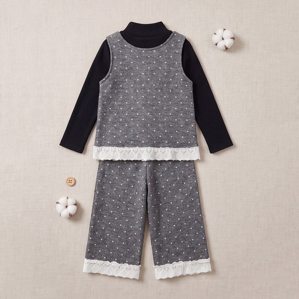Girls Grey Polka Dot Printed Top With Long Sleeve T-Shirt And Trouser Set
