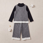 Girls Grey Polka Dot Printed Top With Long Sleeve T-Shirt And Trouser Set