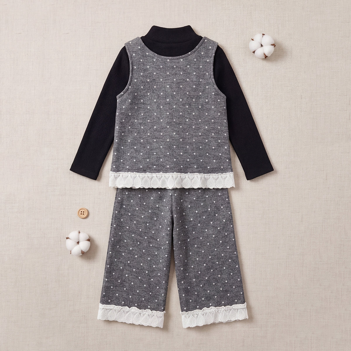 Girls Grey Polka Dot Printed Top With Long Sleeve T-Shirt And Trouser Set
