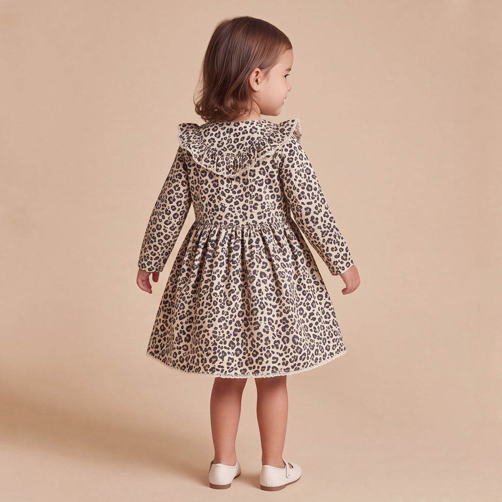 Girls White Animal Print Long Sleeve Dress