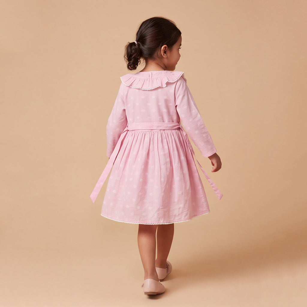 Girls Pink Printed Long Sleeve Dress