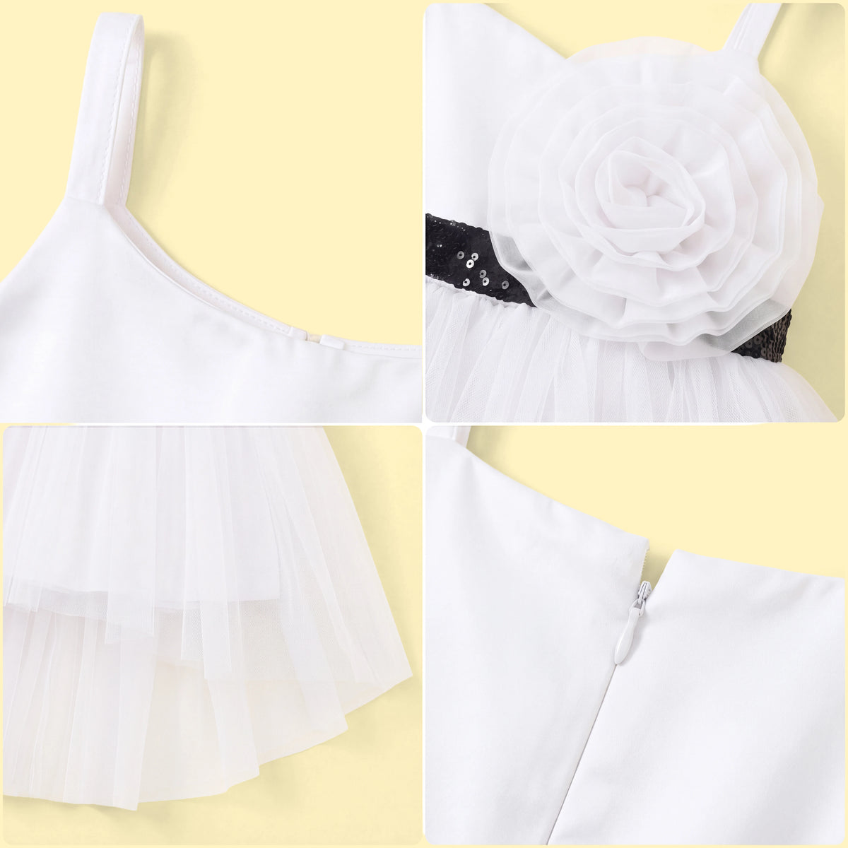 Girls White Floral Applique High Low Sleeveless Party Wear Dress