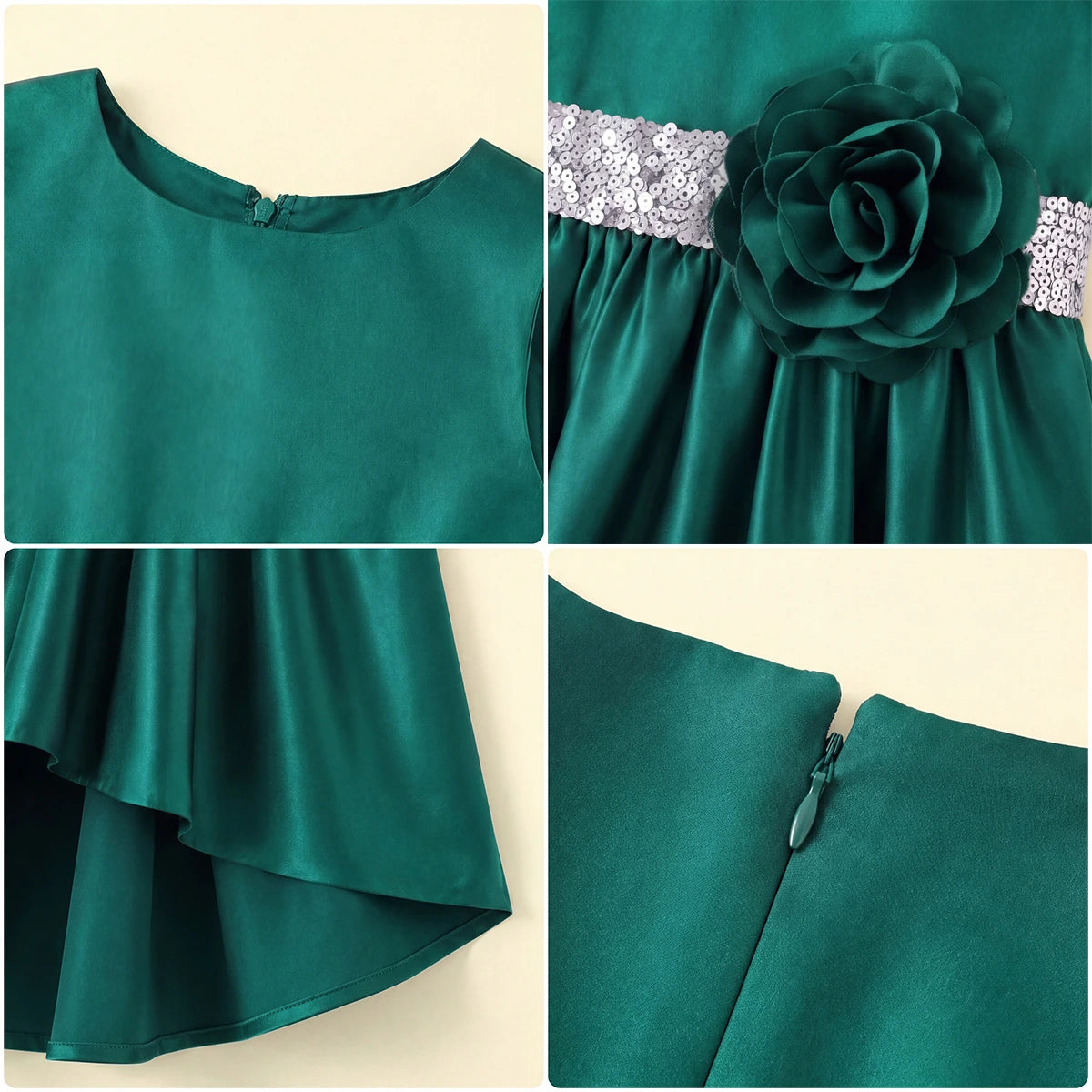 Girls Green Floral Applique High Low Sleeveless Party Wear Dress