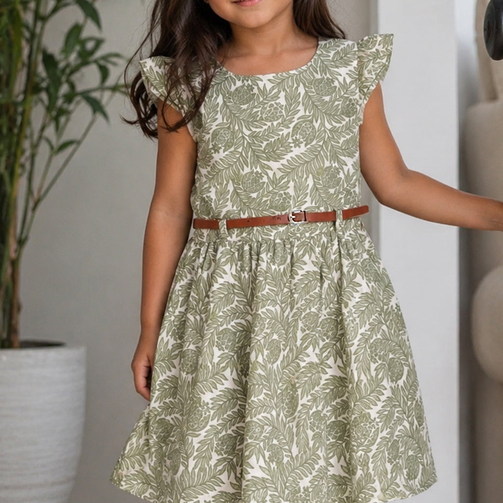Girls Green Flying Sleeve Fit & Flare Dress With PU Belt