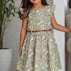Girls Green Flying Sleeve Fit & Flare Dress With PU Belt